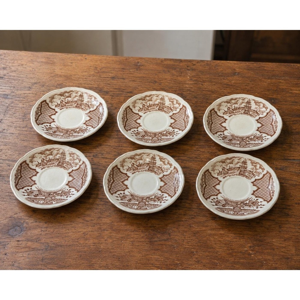 Alfred Meakin Fair Winds Brown Transferware Saucers Set of 6 NY Harbor 1830 5.5"